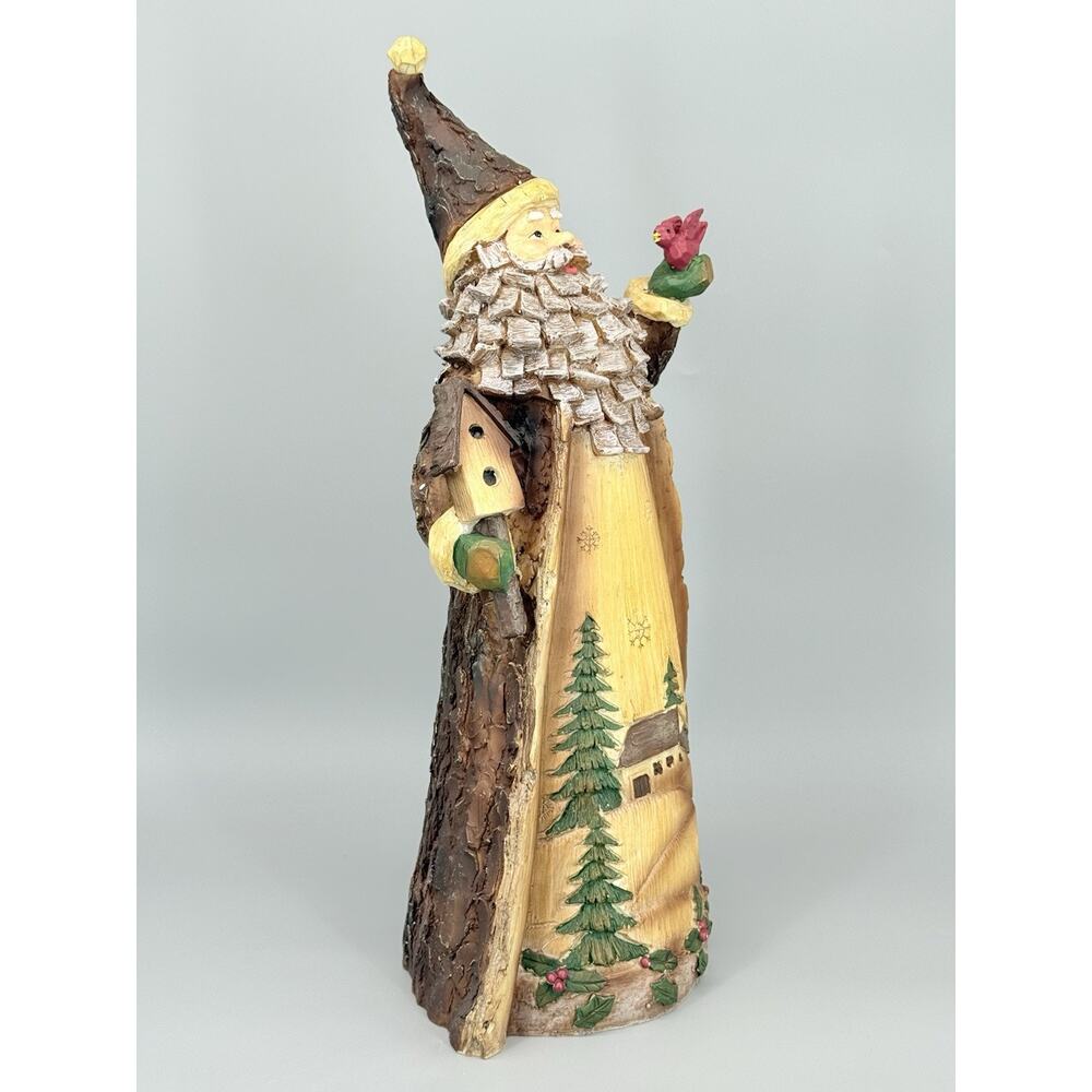 Resin Wood Carved Tree Look Painted 16" Santa Claus Figure W/Birdhouse Cardinal - Picture 7 of 9